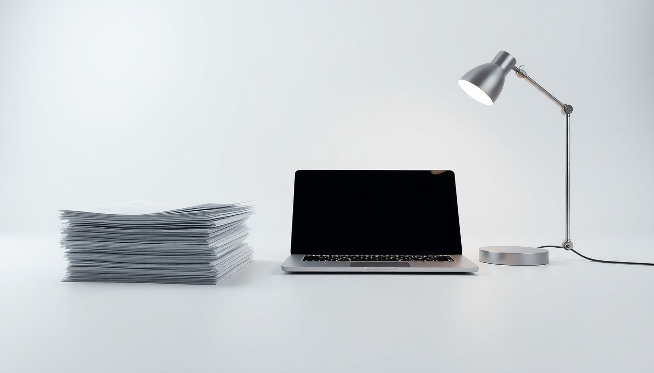 A high-end, photorealistic studio still-life photograph featuring a stack of glossy business documents, a sleek laptop, and a modern desk lamp arranged elegantly on a clean, monochromatic background, conceptually representing Consensus Cloud Solutions' corporate strategy and financial performance.