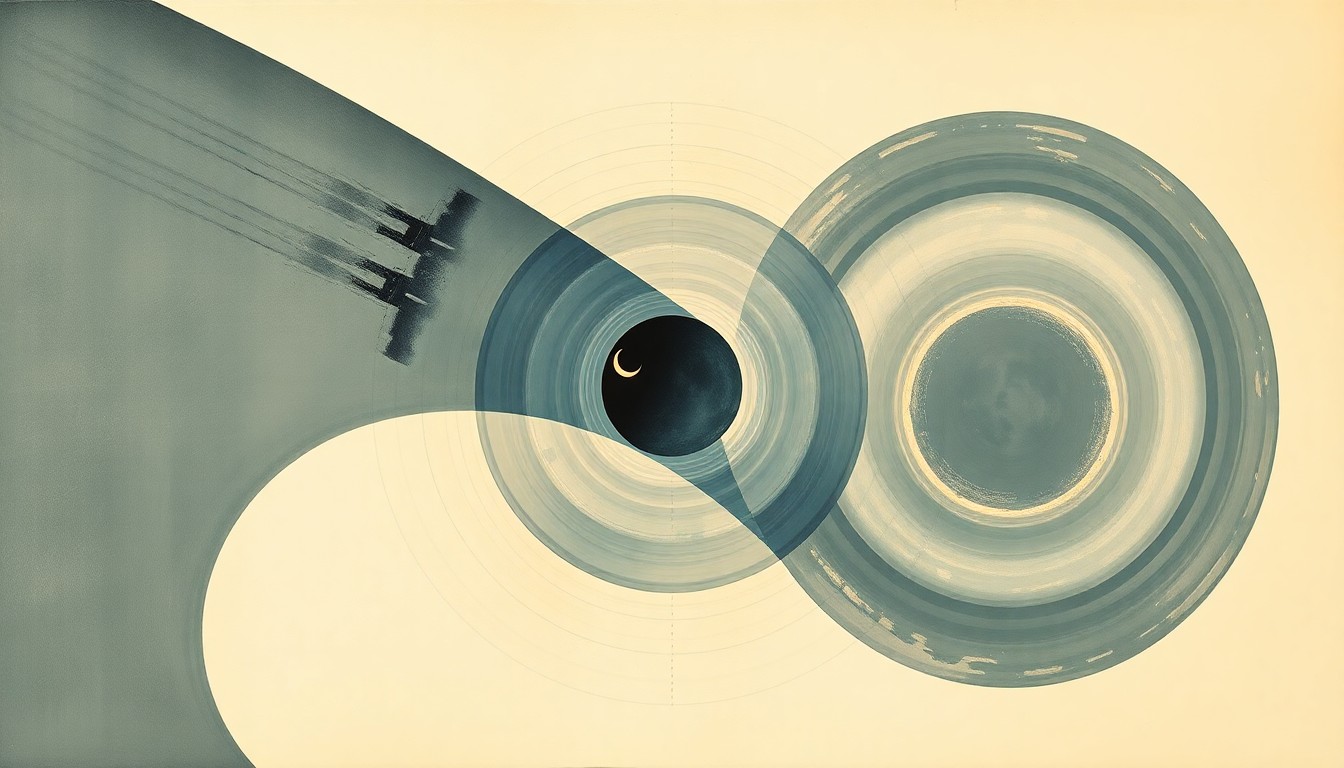 A bold, abstract painting in the style of Hilma af Klint, featuring sweeping geometric arcs, concentric planetary circles, and precise spirals in earthy tones of blue, green, and gold, representing the Artemis II lunar flyby and the crew's view of the Moon, Earth, and solar eclipse.