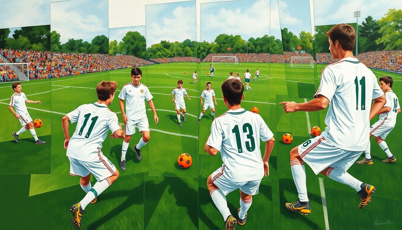 A fragmented, geometric painting depicting the dynamic movements and perspectives of a high school soccer match, with overlapping planes of green grass, white uniforms, and orange soccer balls.