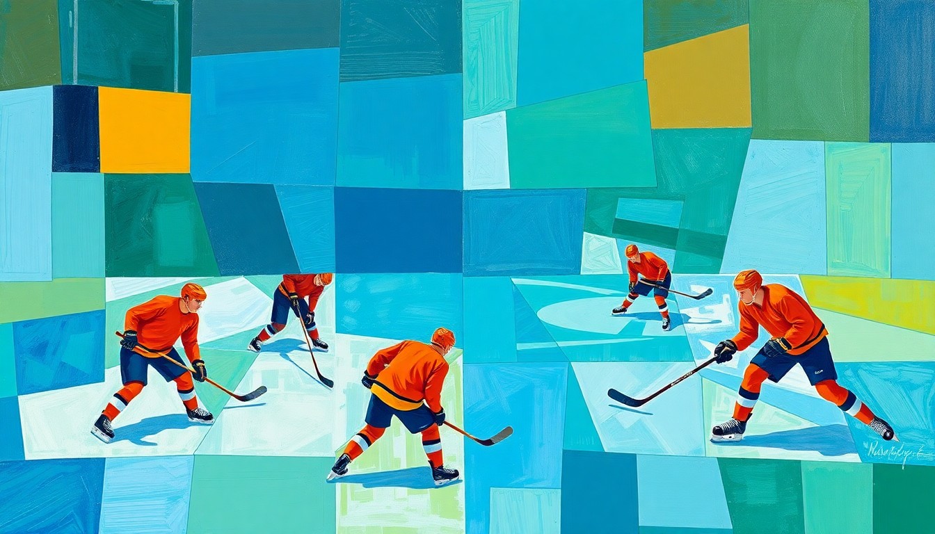 A cubist-style painting depicting a fragmented, geometric interpretation of a hockey practice, with overlapping planes of ice, sticks, and players' bodies in vibrant blues, greens, and oranges.