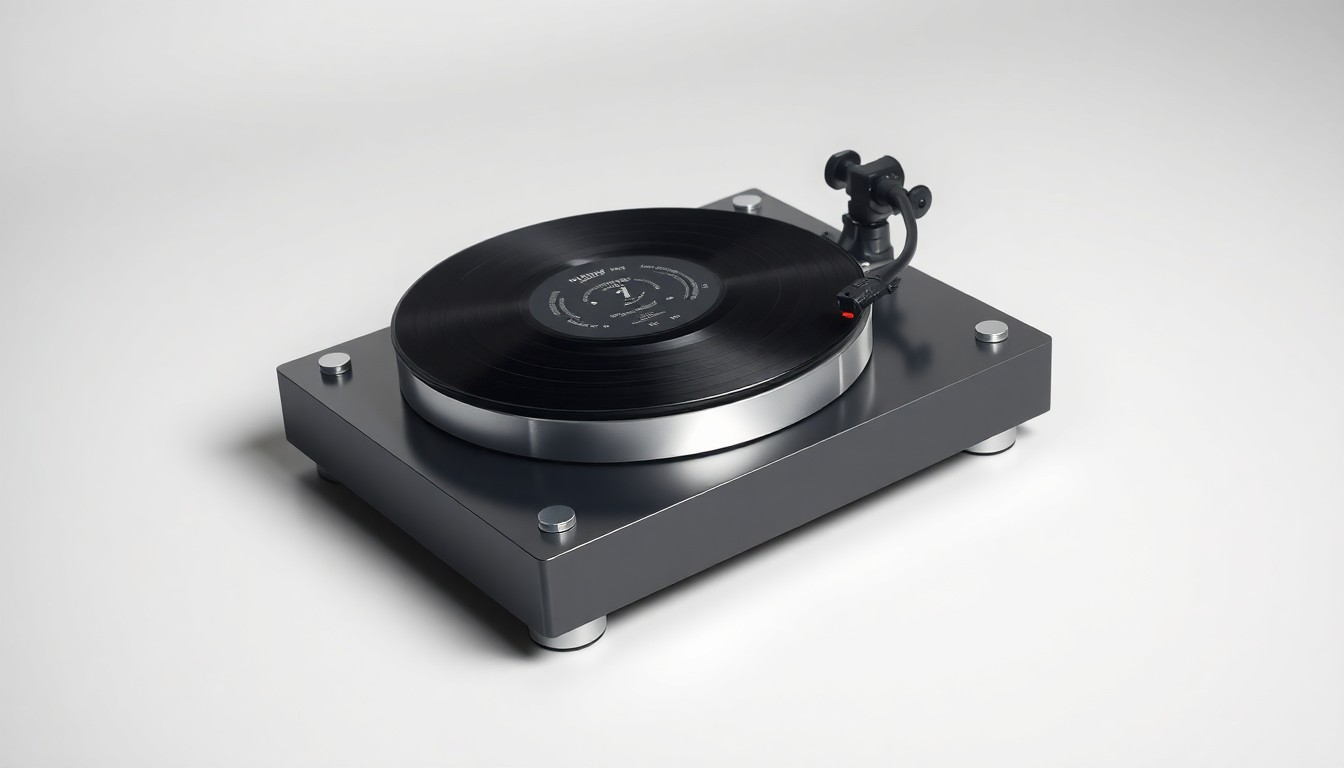 A photorealistic studio still life featuring a sleek turntable and vinyl records in a clean, monochromatic setting, symbolizing the abstract concepts of music industry finance and valuation.