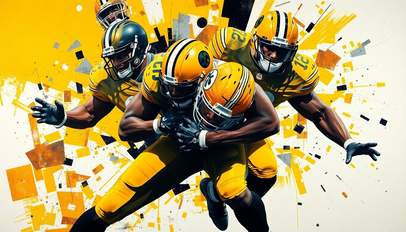 A fragmented, geometric painting depicting the explosive movements and collisions of a defensive lineman, with sharp planes of Steelers gold, black, and white colors creating a conceptual, deconstructed visual.