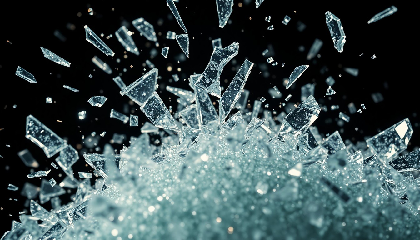 An extreme close-up of shattered glass and glittering shards in dramatic, high-contrast studio lighting, conceptually representing the gritty, high-stakes world of the HBO drama series Euphoria.