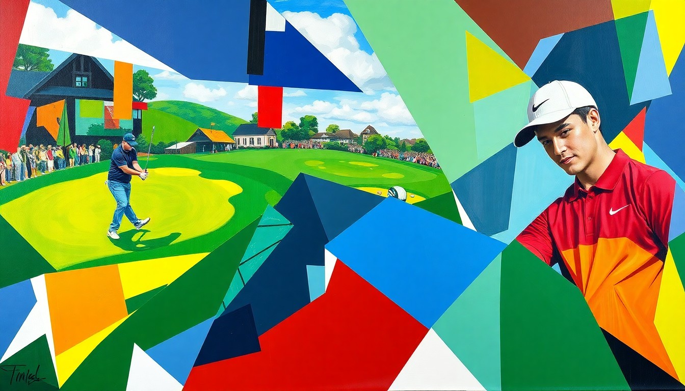 A fractured, cubist-style painting featuring sharp, overlapping geometric shapes in vibrant colors representing the energy and competition of the 2026 Masters golf tournament.