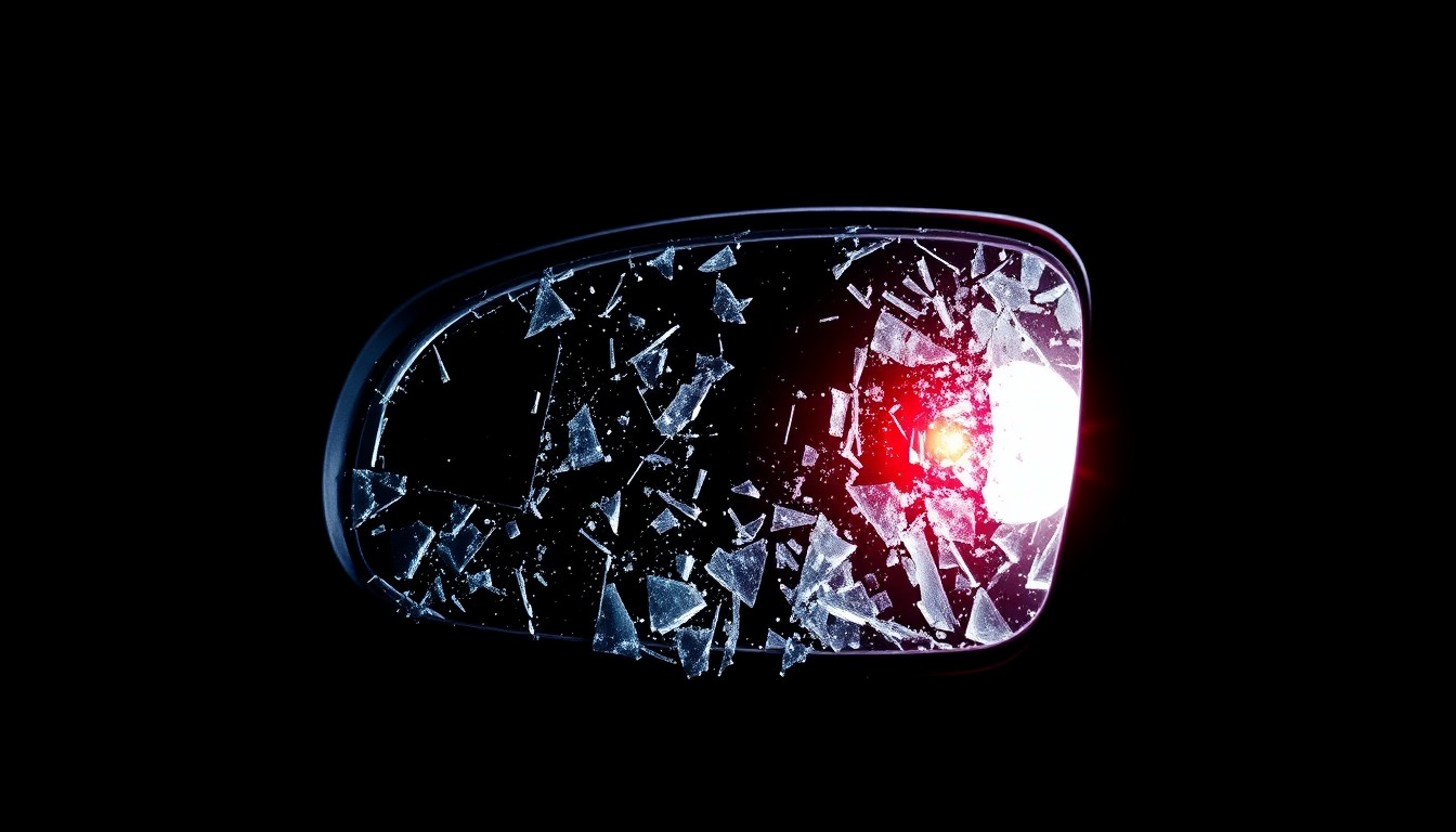 An extreme close-up photograph of a shattered car side mirror reflecting a faint red light, conceptually representing the aftermath of a hit-and-run incident.