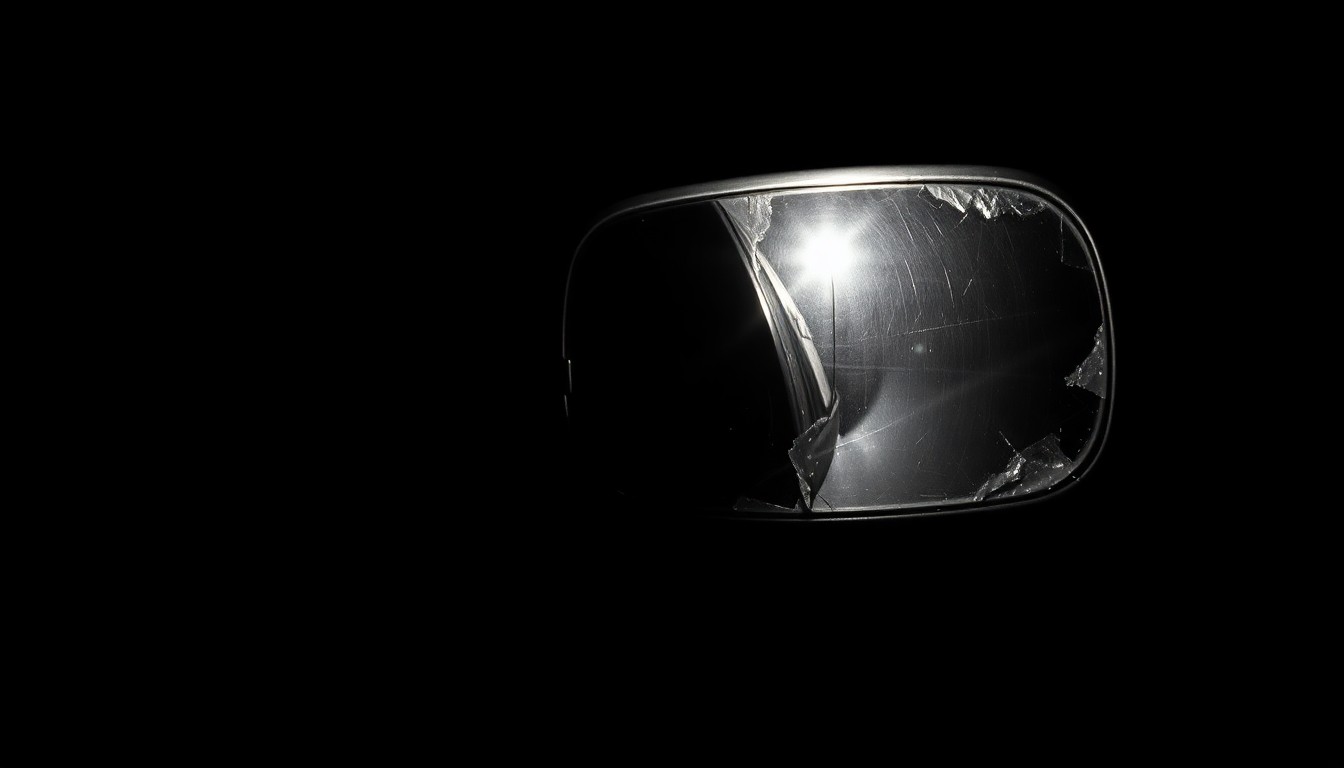An extreme close-up photograph of a car's crumpled side mirror, lit by a harsh, direct camera flash against a pitch-black background, conceptually illustrating the aftermath of a reckless driving incident.