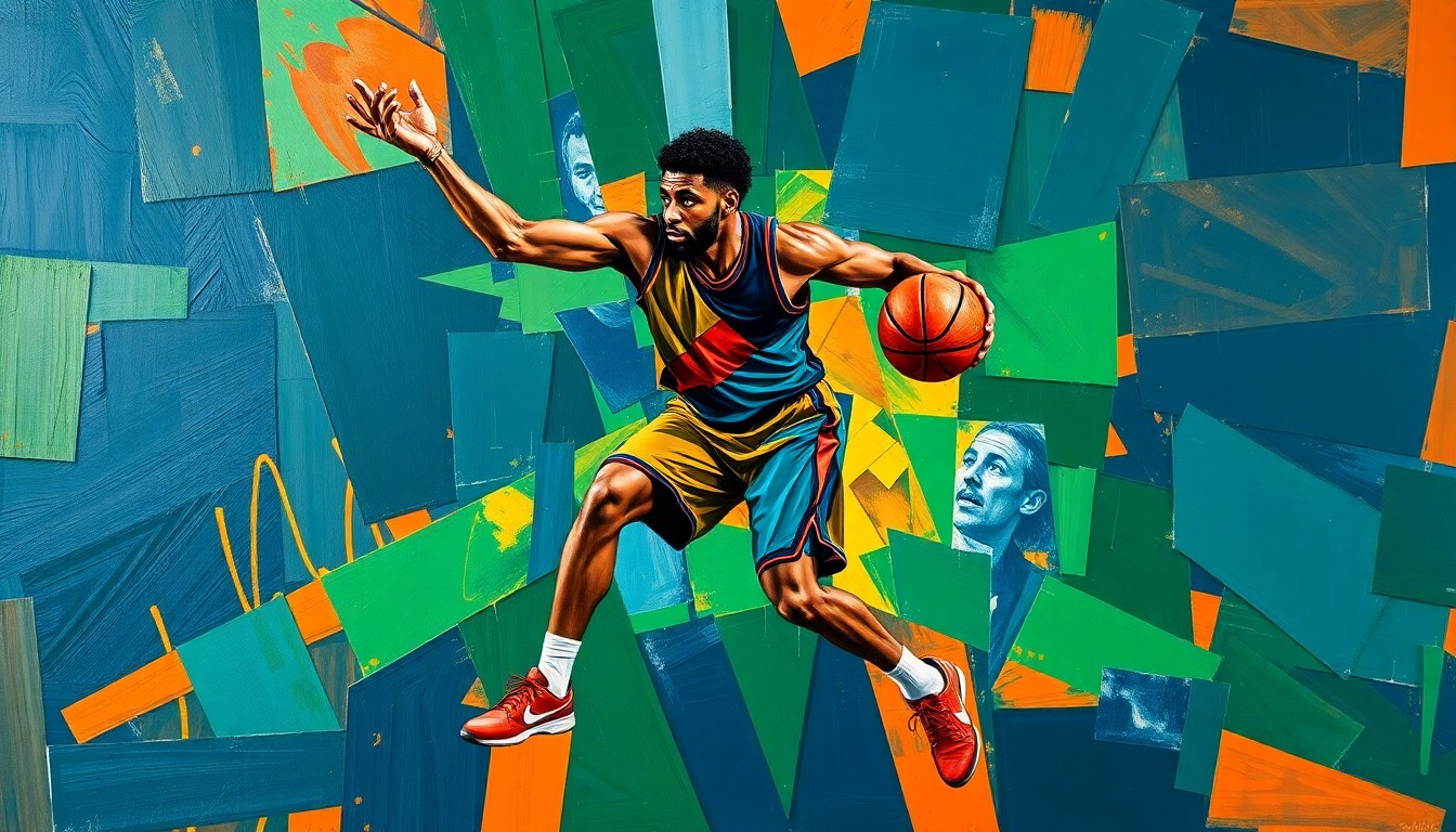 A fragmented, geometric painting in bold blues, greens, and oranges depicts the dynamic movements of a basketball player, conveying the energy and transition of the Wisconsin Badgers' backcourt.