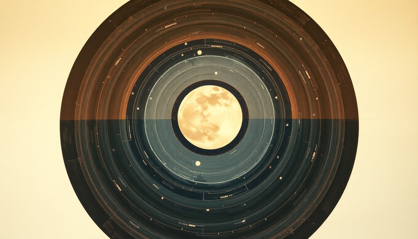 A bold, abstract painting in soft blues, greens, and purples featuring sweeping geometric arcs, concentric circles, and precise lunar spirals, conceptually representing the celestial forces behind a supermoon event.