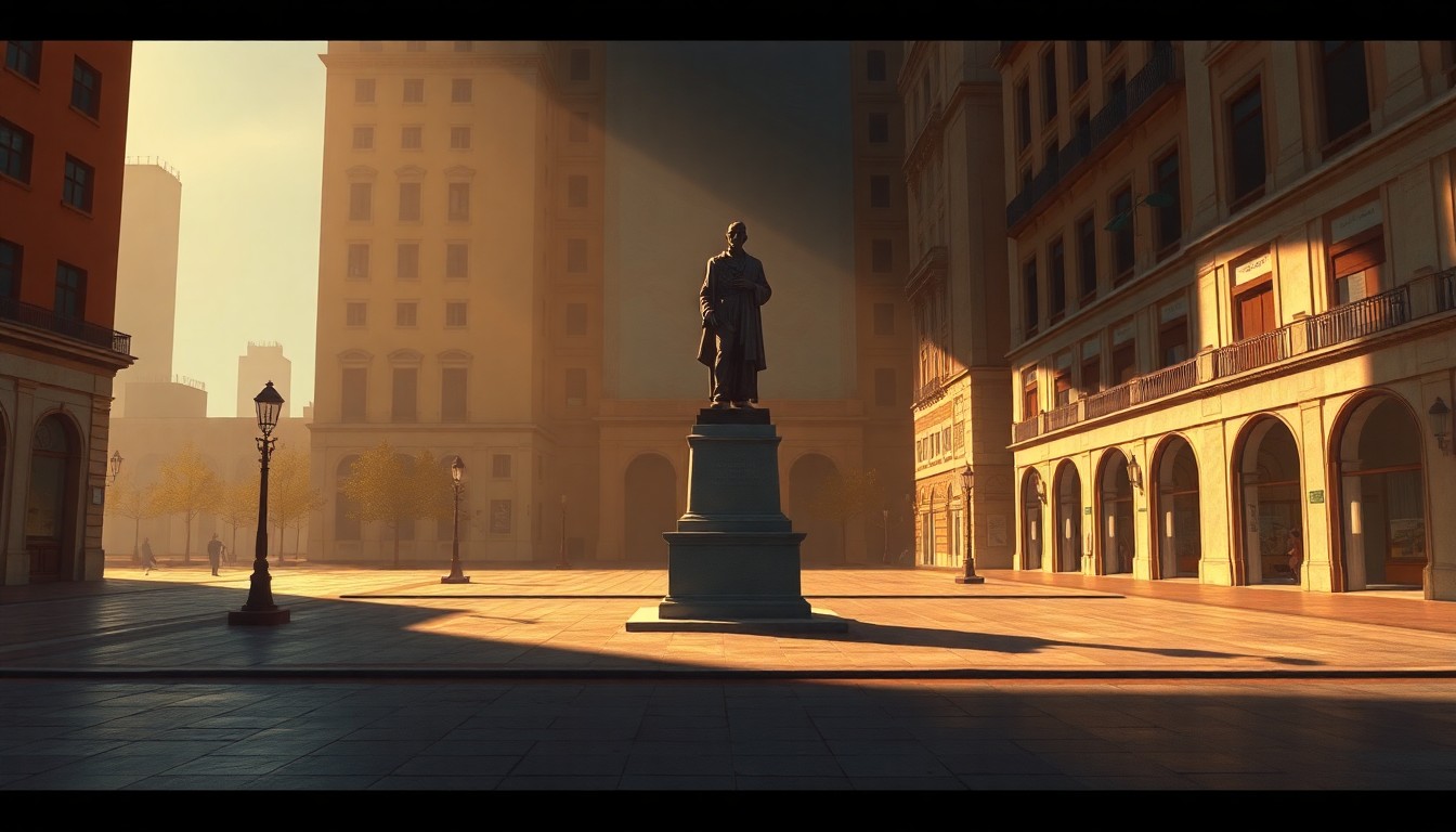 A serene, photorealistic painting of an empty city plaza with a vacant pedestal where a large statue once stood, the scene bathed in warm, golden light and deep shadows, conveying a sense of civic nostalgia and unresolved tensions.