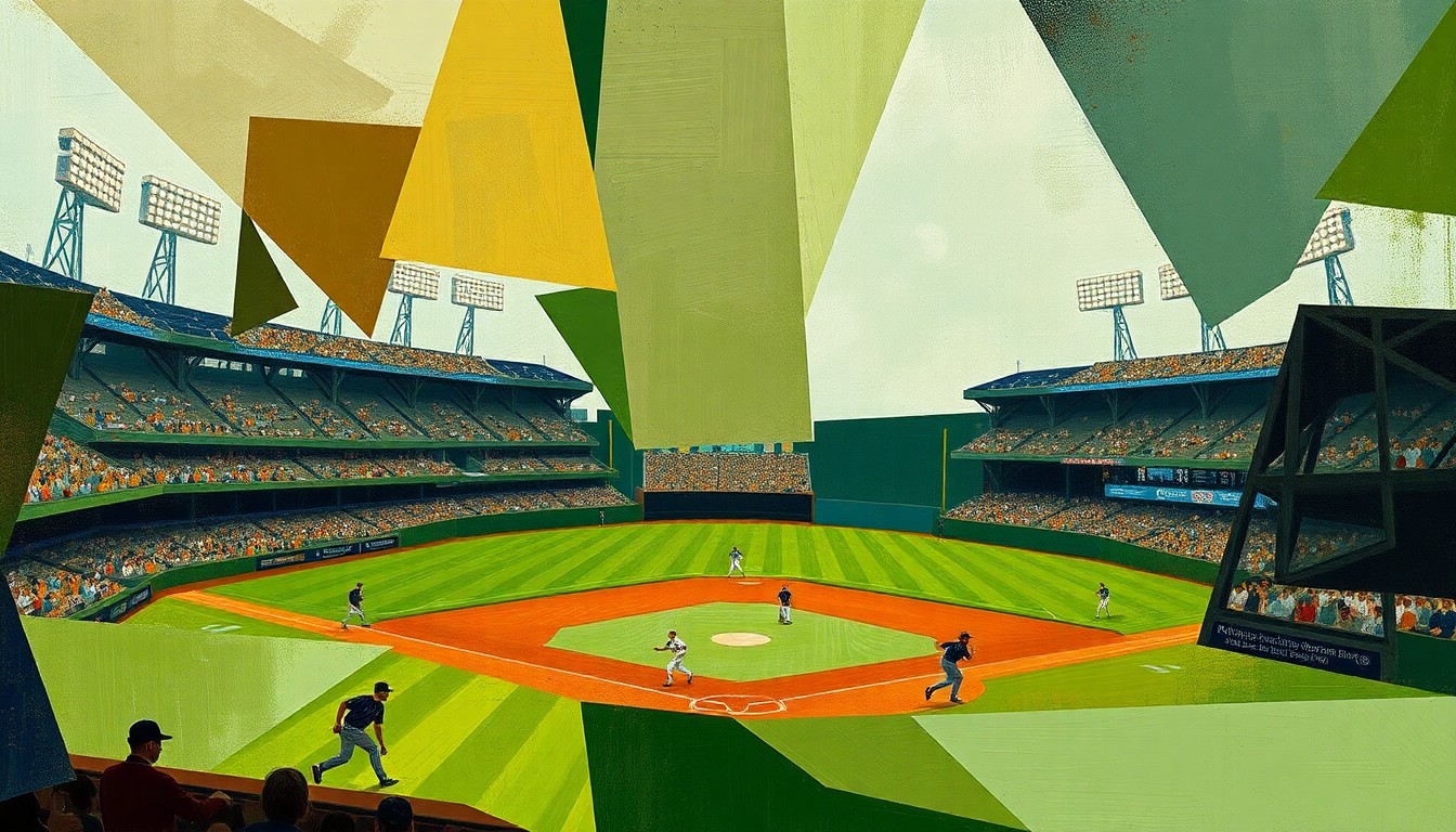 A fragmented, geometric painting depicting the climactic moments of a baseball game, with players and the field reduced to angular, overlapping shapes in muted earth tones.