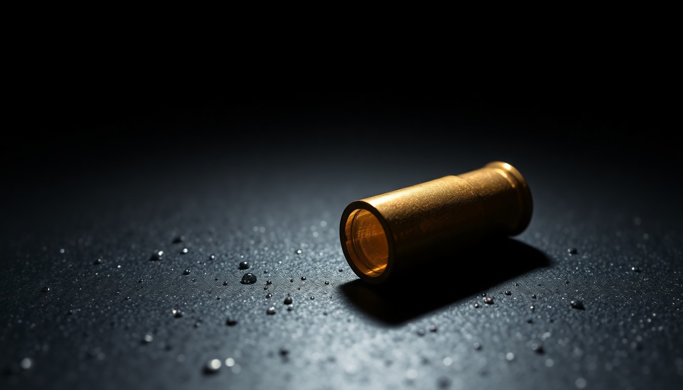 An extreme close-up photograph of a single spent bullet casing on a dark, textured surface, lit by a harsh, direct camera flash, conceptually representing the physical evidence of a violent crime.
