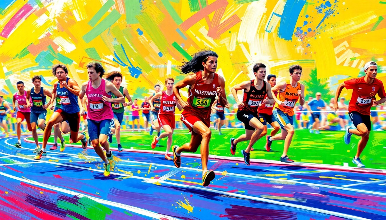 An abstract, expressionist painting in neon colors depicting the dynamic motion and energy of a high school track and field competition, with blurred figures and splashes of color representing the athletes in action.