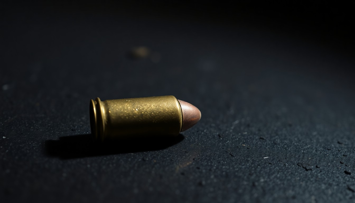 An extreme close-up photograph of a single spent shell casing on a dark, textured surface, lit by a harsh, direct camera flash, conceptually illustrating the aftermath of a shooting incident.