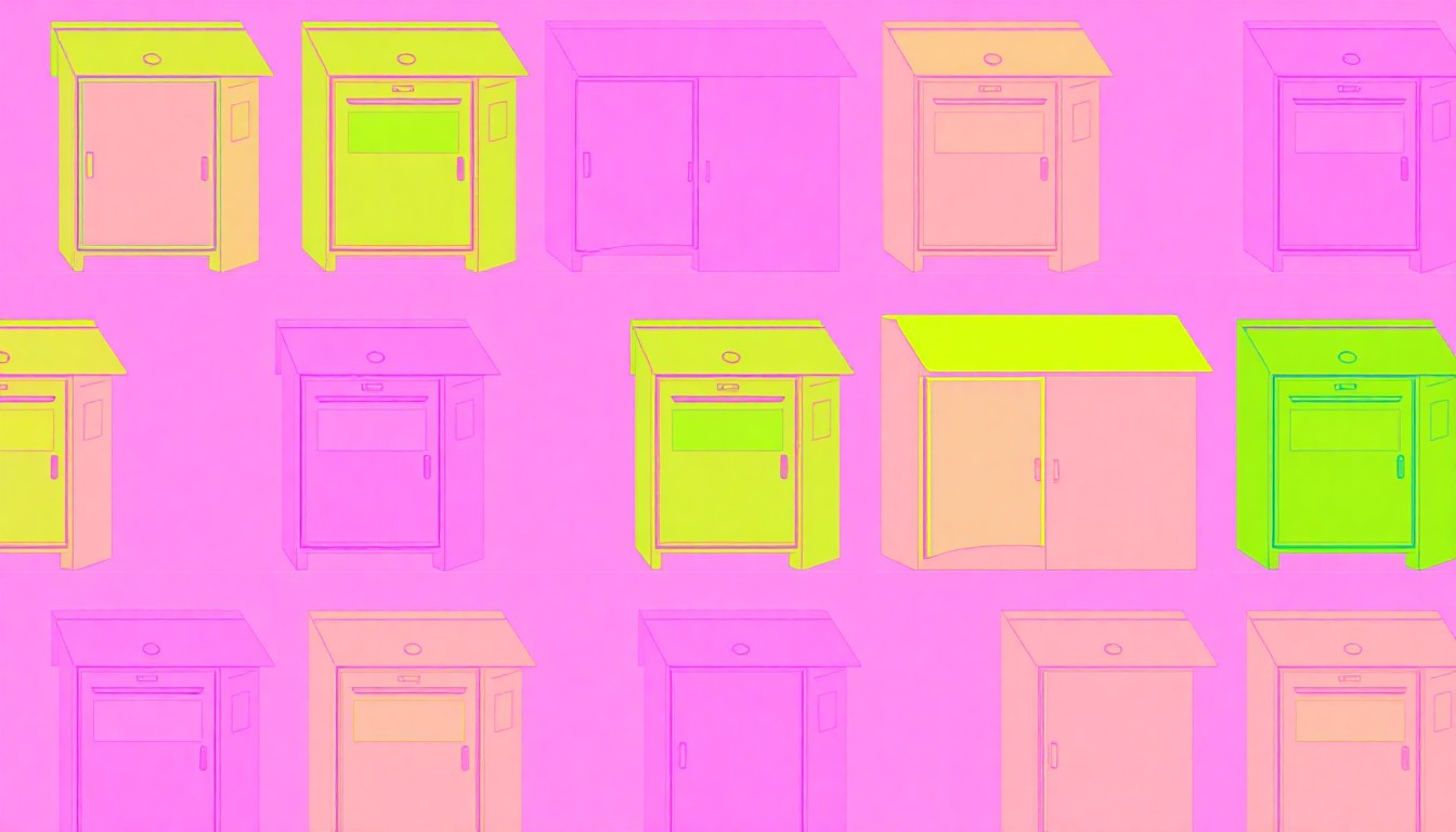 A highly stylized, pop art-inspired illustration featuring a repeating pattern of a simple, wooden free library box in a grid of bright, neon-like colors, capturing the creative and communal spirit of the Hopkins Men's Shed project.