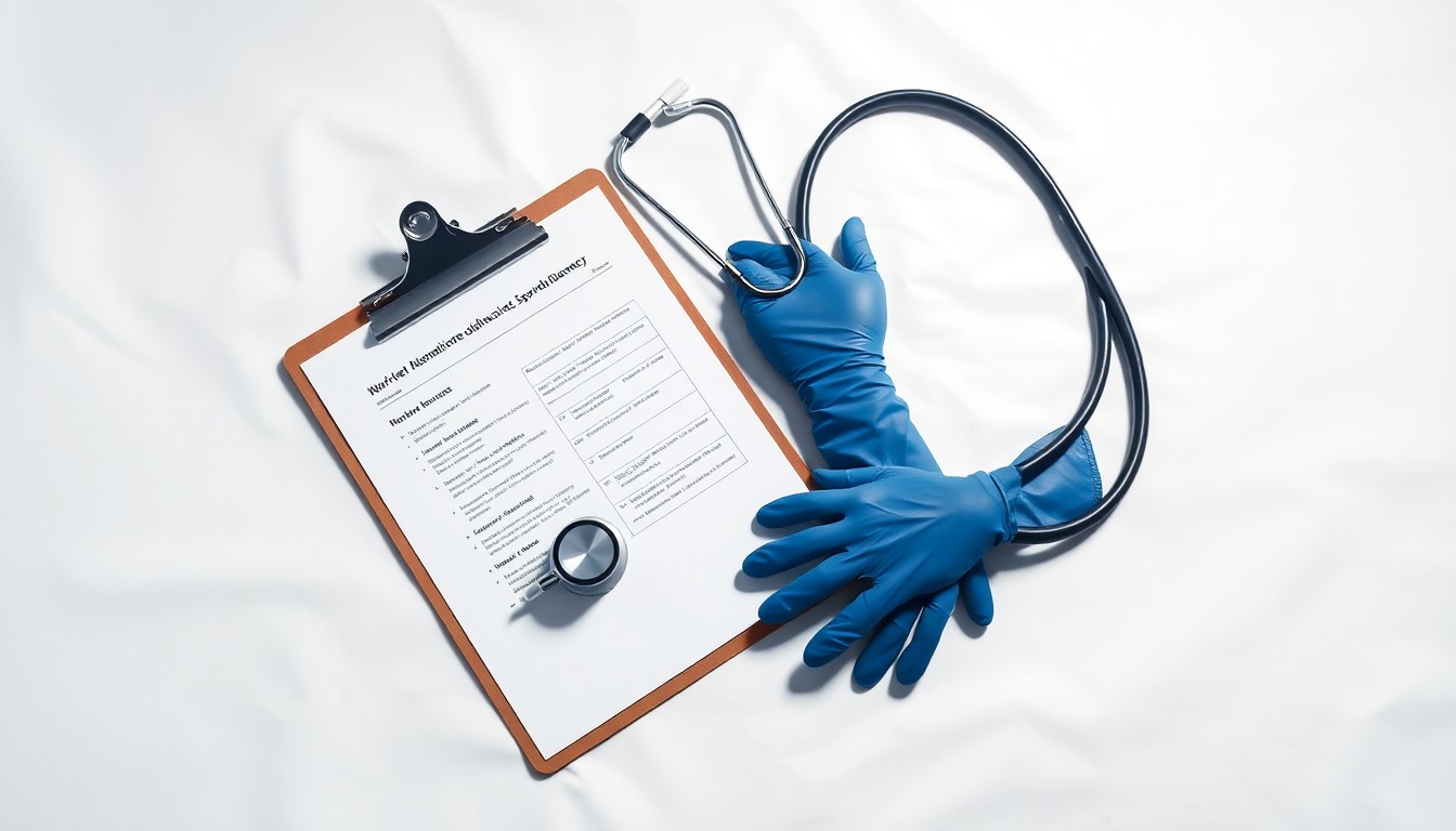 A high-end, photorealistic studio still-life photograph featuring a stethoscope, a clipboard with medical forms, and a pair of latex gloves arranged elegantly on a clean, white seamless background, conceptually representing the tension between healthcare technology and the human experience.