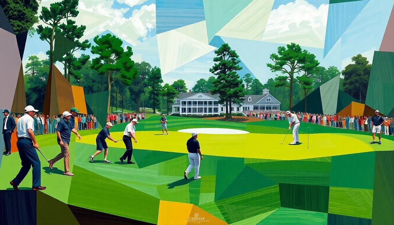 A cubist, geometric painting depicting an abstracted golf tournament scene at Augusta National, with the iconic clubhouse and pine trees visible in the background and the players' forms dissolved into the landscape.