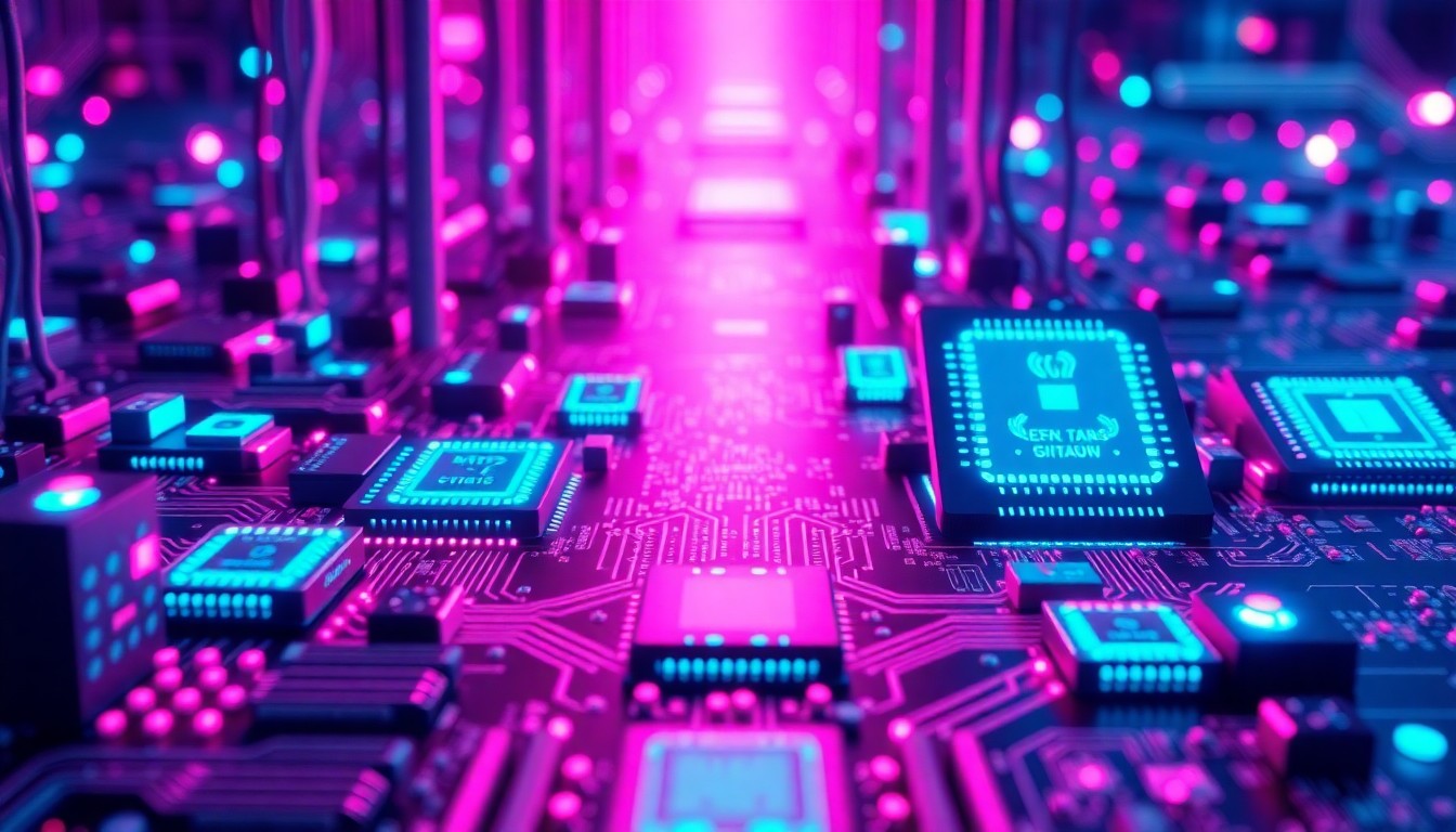 A highly detailed 3D illustration of glowing microchips and circuit boards in shades of cyan and magenta, conceptually representing the advanced digital infrastructure powering the global microelectronics industry.