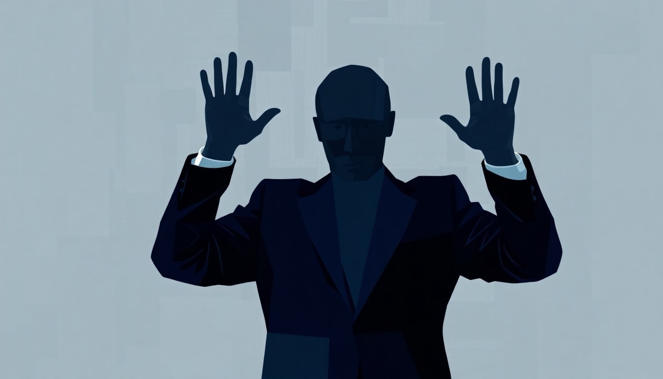 A fragmented, geometric painting depicts a silhouetted figure in a business suit with their hands raised, representing the concept of government surveillance and crackdown on political dissent. The painting is composed of overlapping waves of muted grays, blacks, and navy blues, creating a sense of motion and unease.