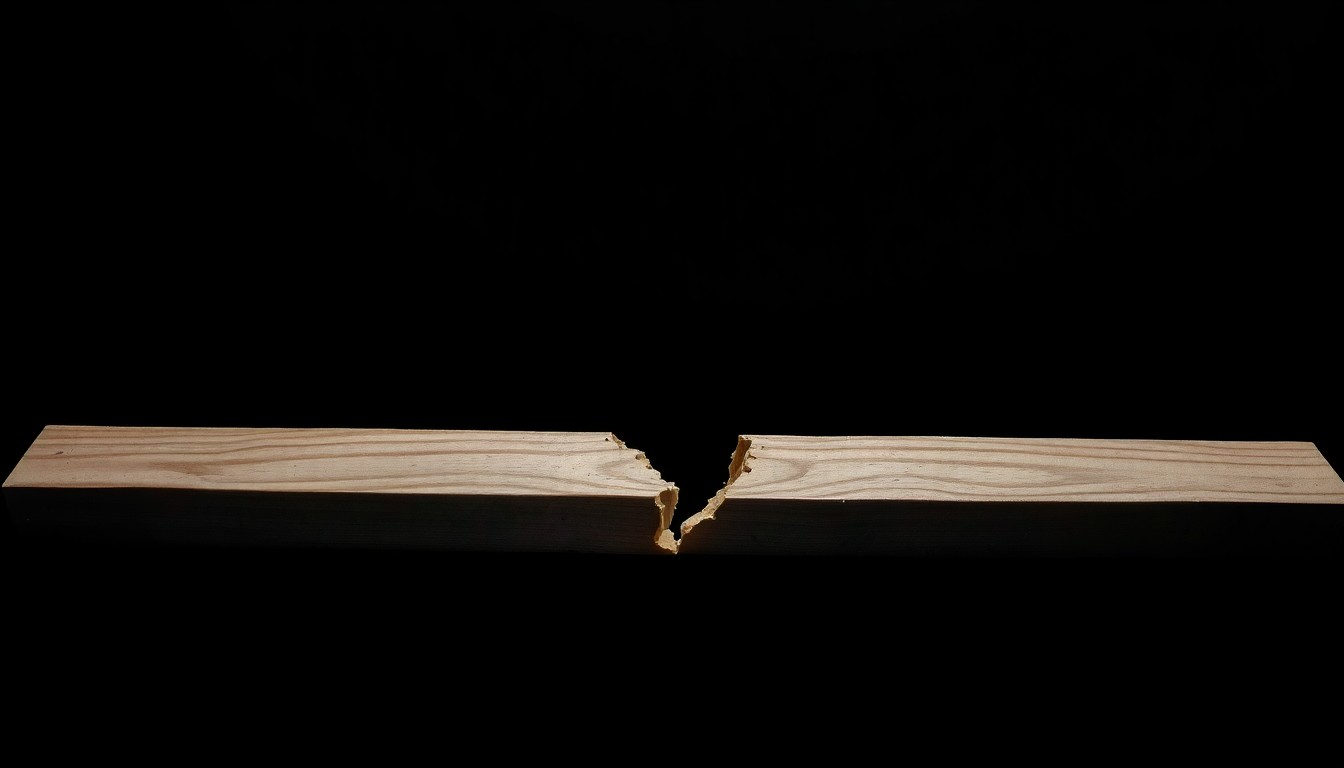 An extreme close-up photograph of a broken 2-by-4 board, its rough, splintered texture and dramatic shadows conveying the violence of the incident without depicting any actual harm.