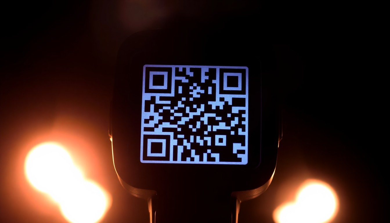 An extreme close-up photograph of a QR code scanner against a pitch-black background, lit by a harsh, direct camera flash, conceptually representing the deceptive nature of a scam that encourages victims to scan a fraudulent QR code.