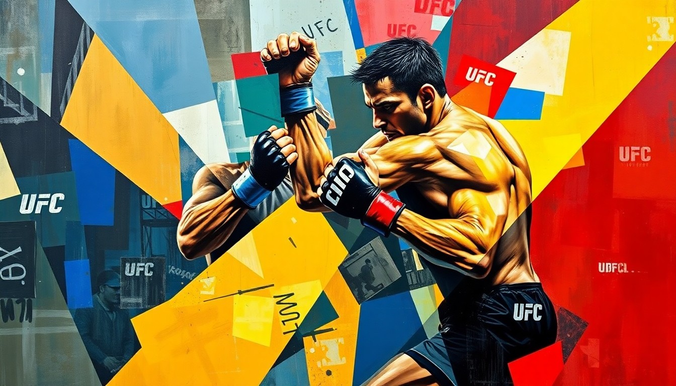 A fragmented, geometric painting depicting the dynamic movements and strikes of a UFC fighter in an abstract, cubist style.