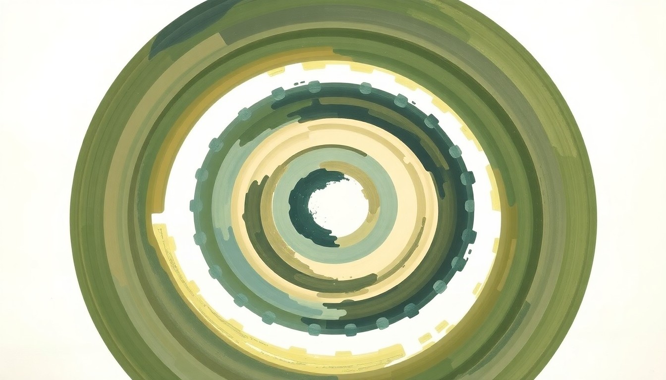 A highly structured abstract painting in muted earth tones, featuring sweeping geometric arcs, concentric circles, and precise botanical spirals, conceptually representing the chemical process of using spent car battery acid to break down plastic waste and produce clean hydrogen fuel.