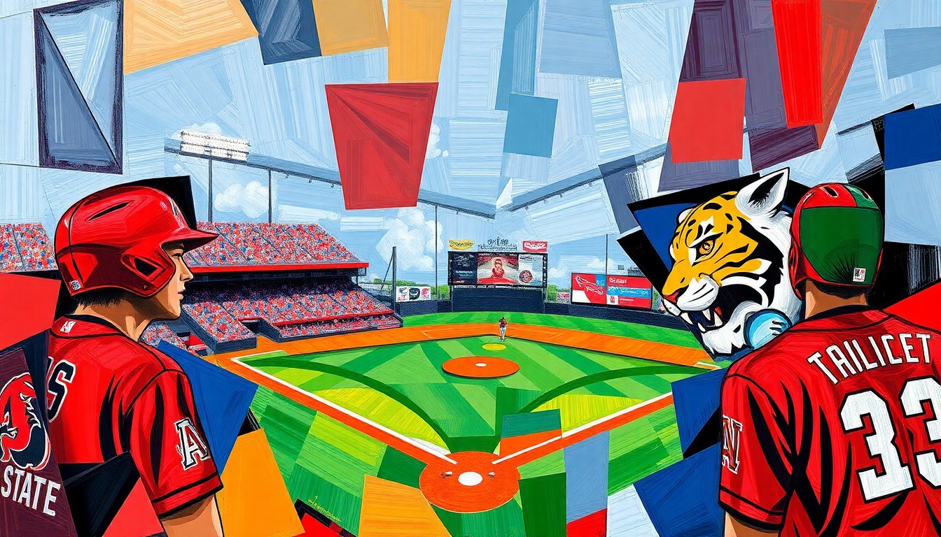 A fragmented, geometric painting depicting the dynamic movements and energy of a college baseball game, with the sharp, overlapping shapes and vibrant colors of the Arkansas State and Memphis uniforms.