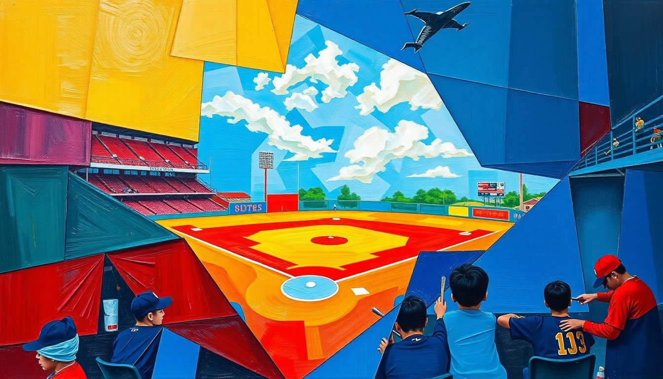 A fragmented, geometric painting depicting the dynamic movements and competitive energy of a high school baseball game, with sharp planes of bright blue, red, and yellow colors overlapping to create a sense of motion and intensity.