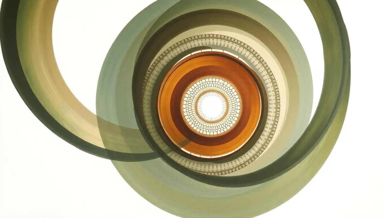 An abstract, highly structured painting in muted earth tones depicting interlocking geometric shapes and spiraling patterns, representing the complex molecular interactions and dual-RNA recognition process that controls microRNA degradation in cells.