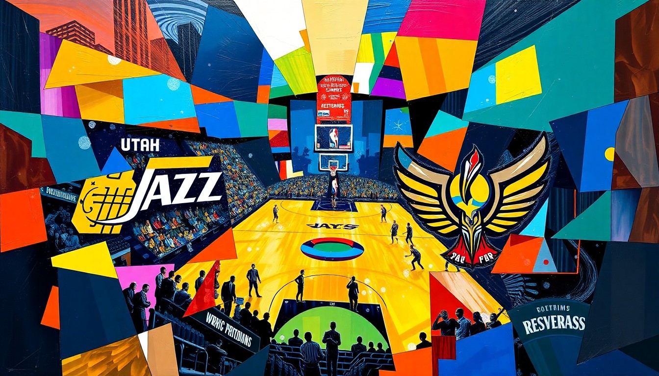 A fractured, multi-perspective painting breaking down a basketball game between the Utah Jazz and New Orleans Pelicans into sharp, overlapping geometric planes in vibrant team colors.