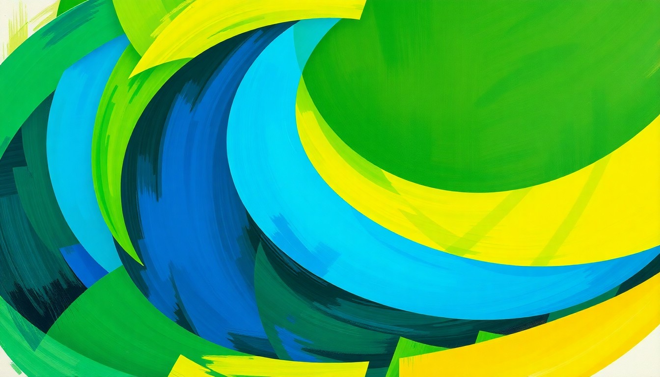 A dynamic, abstract painting featuring a fractured, repeating circular symbol in shades of green, blue, and yellow, conveying the momentum and energy of Türkiye's zero waste movement.