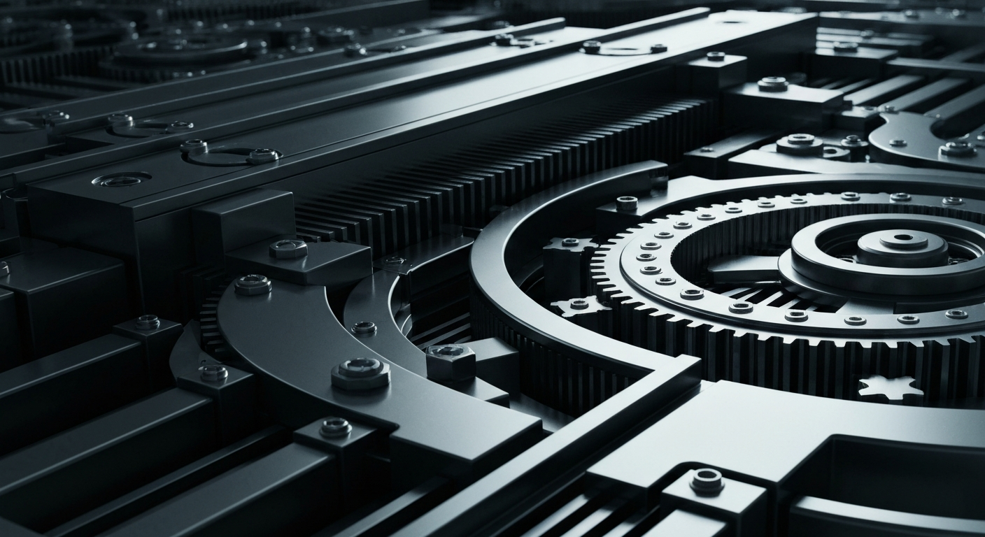 An extreme close-up of the intricate gears and mechanisms of a high-tech financial data processing system, rendered in a cinematic, industrial style that conveys the power and complexity of Datavault AI's proprietary technologies.