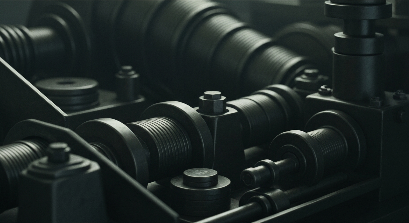 An extreme close-up of gears, levers, and other heavy industrial banking machinery, conveying the intricate processes behind the liquidation of a large distressed loan portfolio.