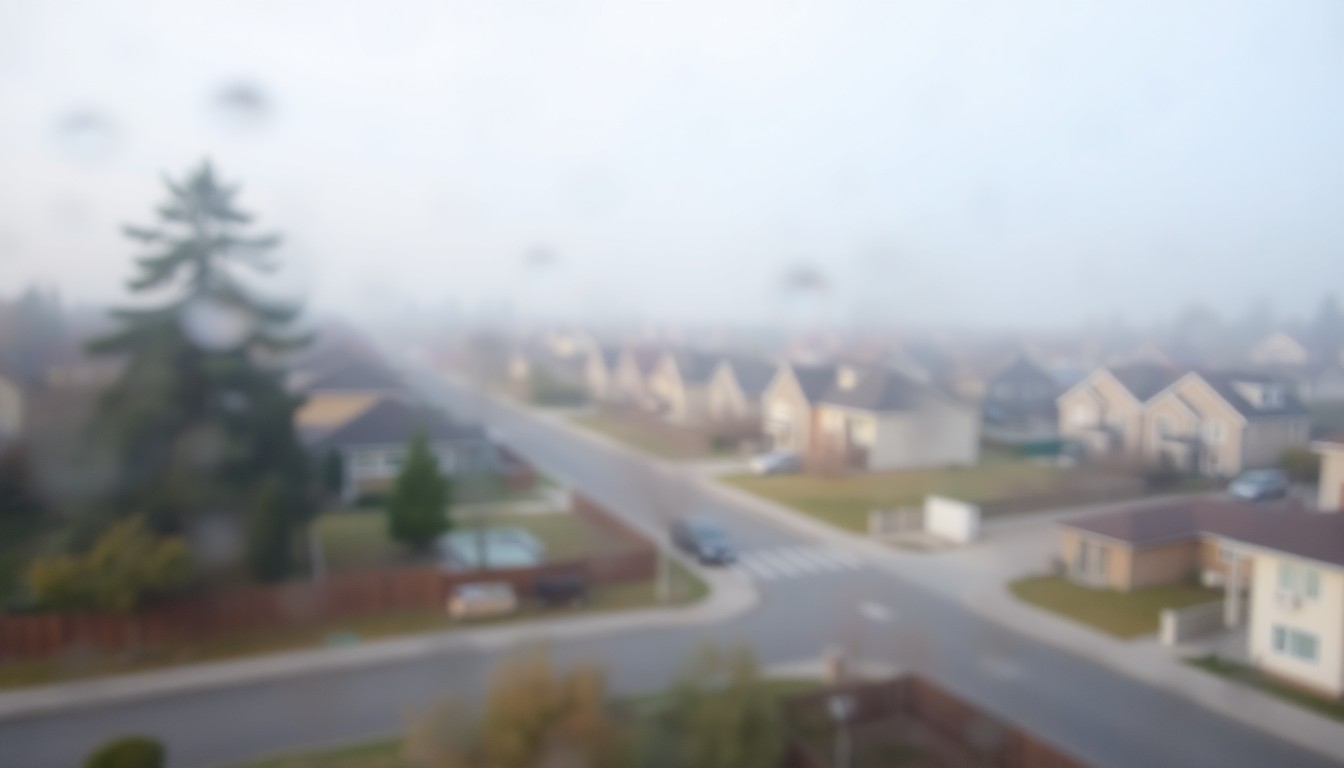 An extremely blurred and abstracted scene of a residential neighborhood, with soft, warm pools of light and color creating a hazy, dreamlike atmosphere that captures the mood of the story.