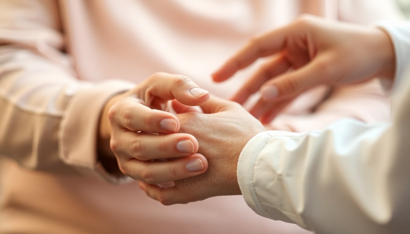An extremely abstracted, out-of-focus photograph of an elderly person's hands being held by a caregiver's hands, all in soft pools of warm color and light, conceptually representing the compassionate care provided by an accredited home care agency.