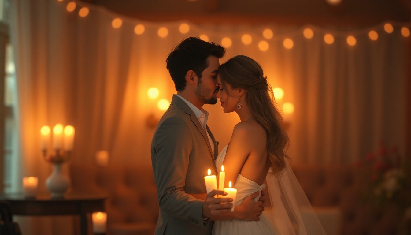 An extremely abstracted, out-of-focus photograph of a couple embracing, with soft pools of warm color and light surrounding them, conveying the intimate and emotional nature of their journey.