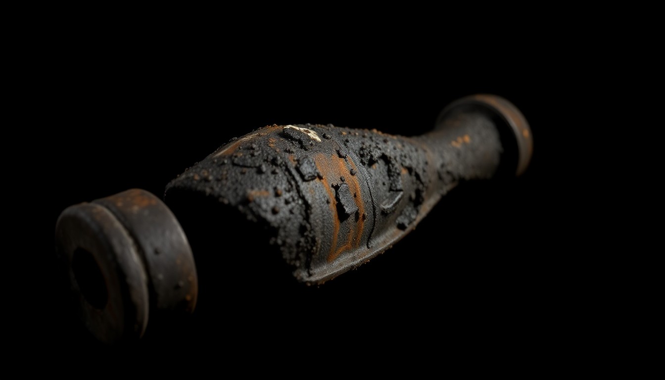 An extreme close-up photograph of a charred, twisted metal object from the fire-damaged warehouse, capturing the stark, gritty, and investigative aesthetic of the scene.