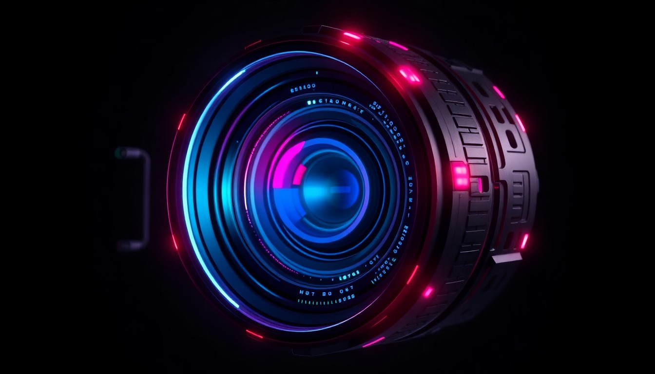 A highly detailed 3D illustration of a glowing, futuristic camera lens with intricate internal components and circuits illuminated by neon cyan and magenta lights, conceptually representing Viltrox's advanced imaging technology.
