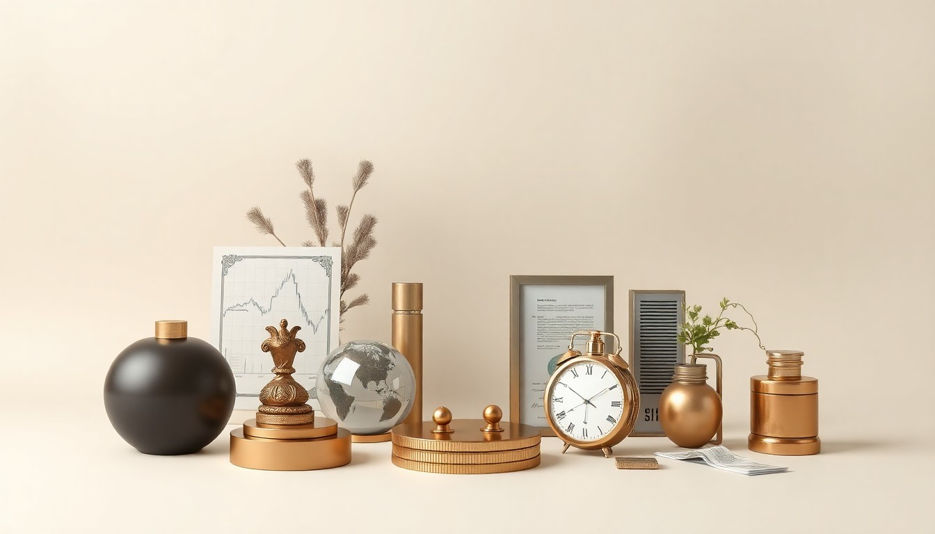 A photorealistic studio still life featuring a collection of premium business objects arranged elegantly on a clean, monochromatic background, conceptually representing the optimization of marketing technology systems.