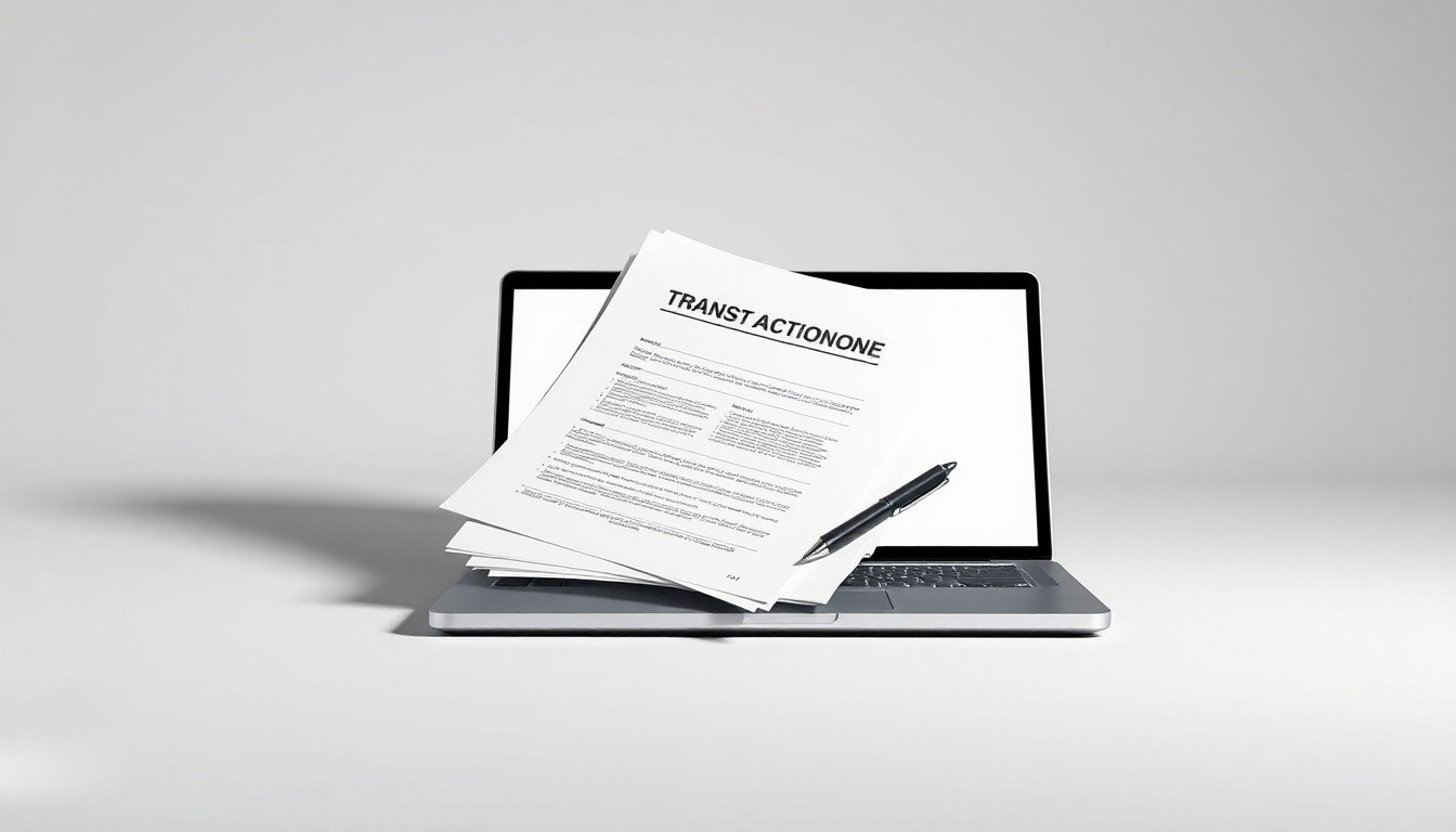 A high-end, photorealistic studio still life featuring a stack of commercial real estate transaction documents, a pen, and a laptop computer on a clean, monochromatic background, conceptually representing the digital marketing tools and strategies brokers can use to boost their market presence.