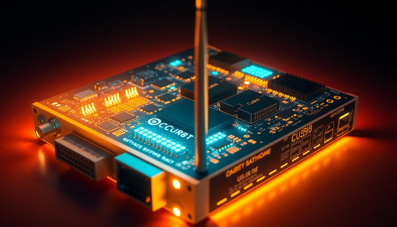 A highly detailed, glowing 3D illustration of a software-defined radio with illuminated circuit boards, antennas, and data ports, conceptually representing the resilient communications technology developed by Cubic to enable secure connectivity across contested environments.