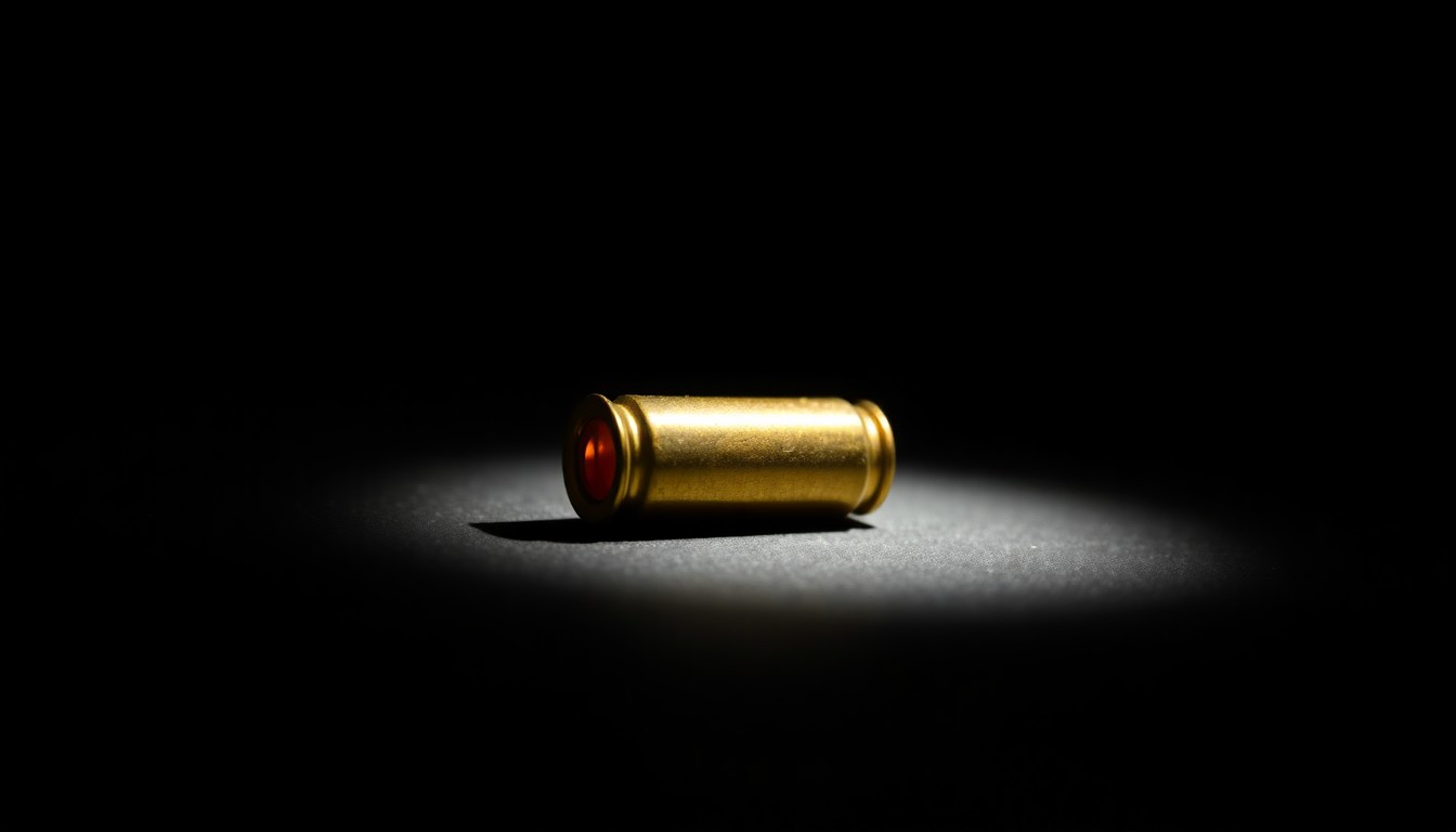 An extreme close-up photograph of a single bullet casing on a dark surface, lit by a harsh, direct camera flash, conceptually representing the violence of the shooting incident.
