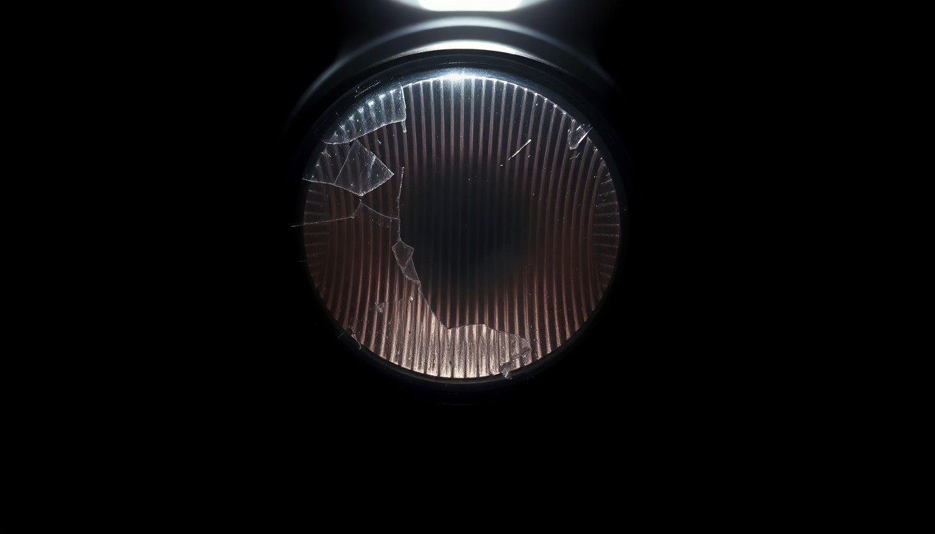 An extreme close-up photograph of a shattered moped taillight lens reflecting a harsh, direct camera flash, conceptually illustrating the discovery of a concealed firearm during a routine traffic stop.