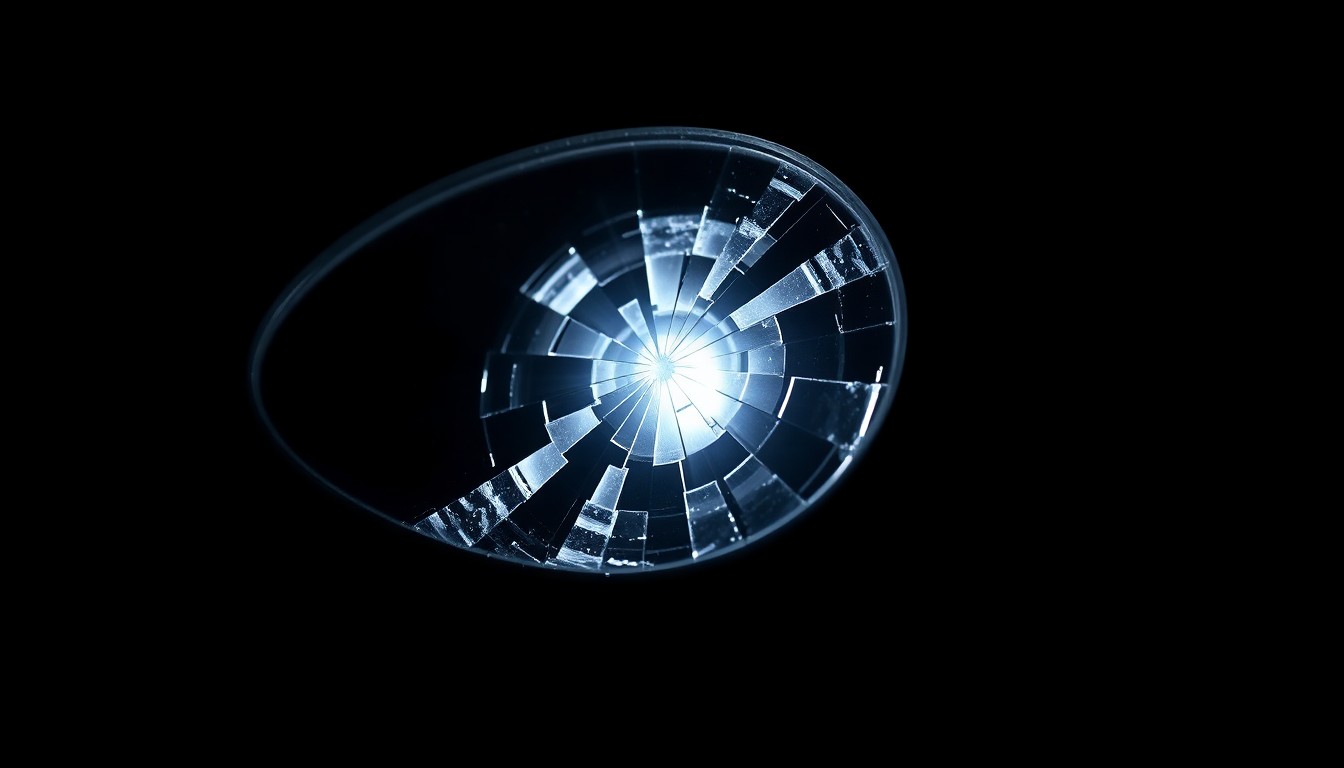 An extreme close-up of a shattered motorcycle lens reflecting a harsh, bright light, conceptually illustrating the aftermath of a high-speed crash on a city street.
