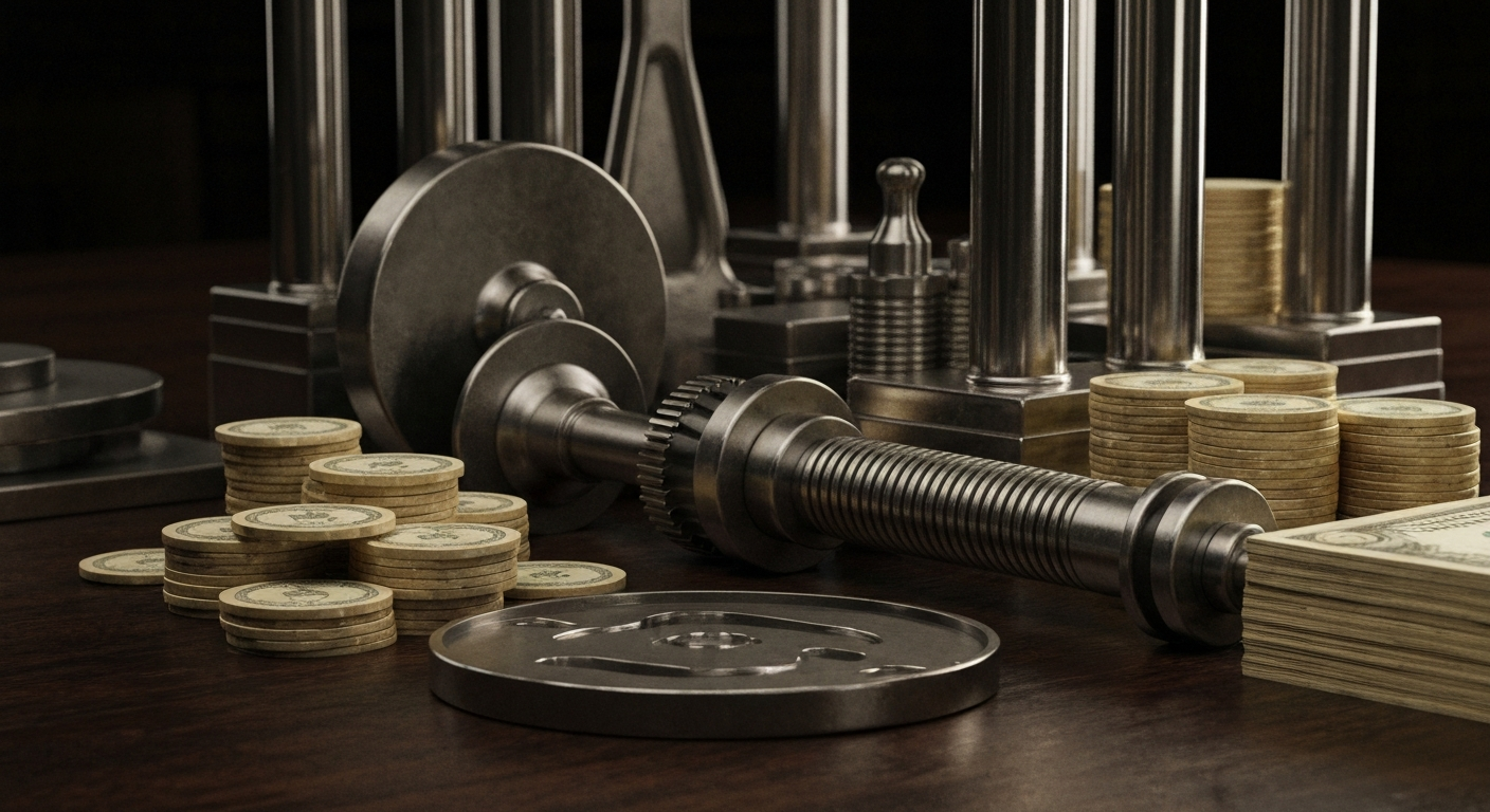 An extreme close-up of intricate, industrial-looking banking machinery and equipment, conveying a sense of the complex financial infrastructure underlying the global economy.