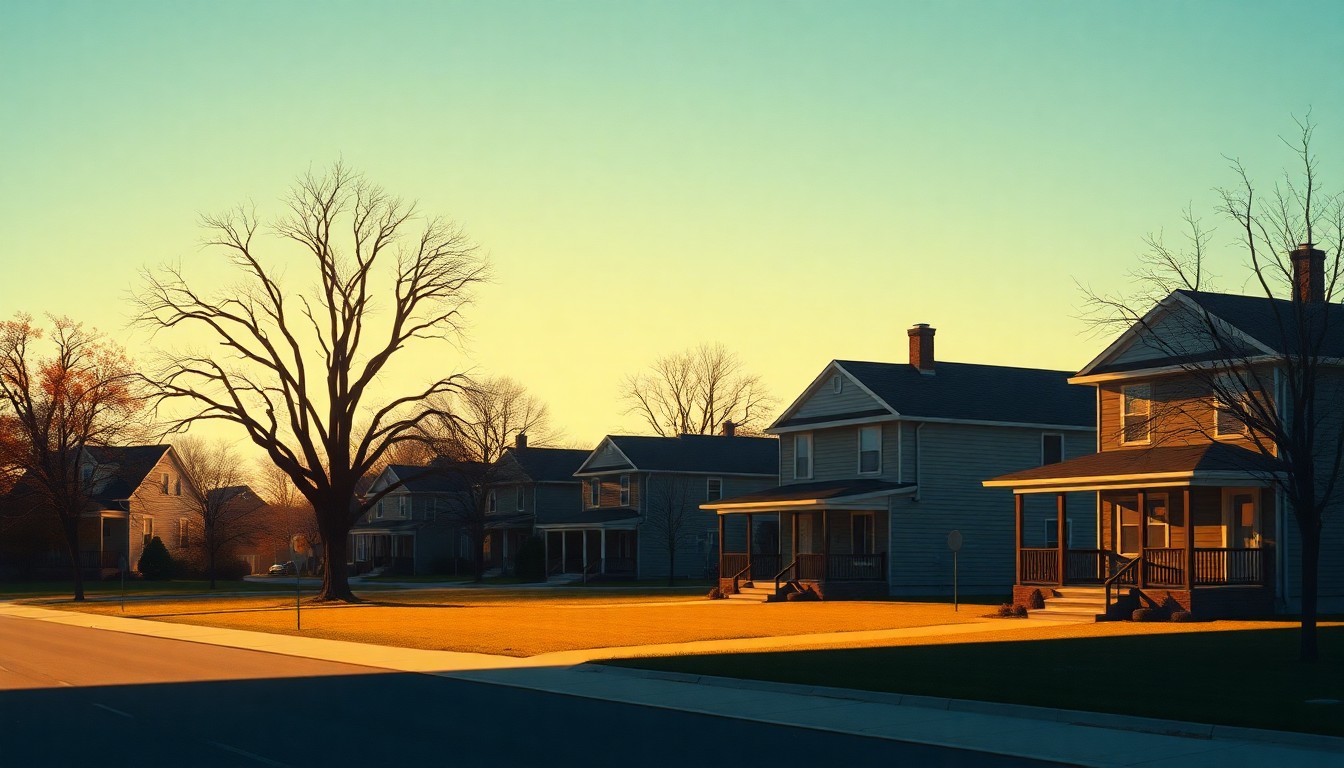 A serene painting of a row of simple two-story homes in a residential neighborhood, with warm sunlight casting long shadows across the scene, conceptually representing the debate over affordable housing development in Overland Park.