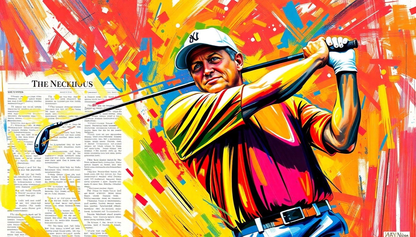 An abstract, energetic painting featuring bold brushstrokes of neon colors capturing the dynamic motion of a golfer's swing, with a faint outline of a newspaper article in the background, conceptually representing the pivotal role a simple prank played in one of sports' most iconic moments.