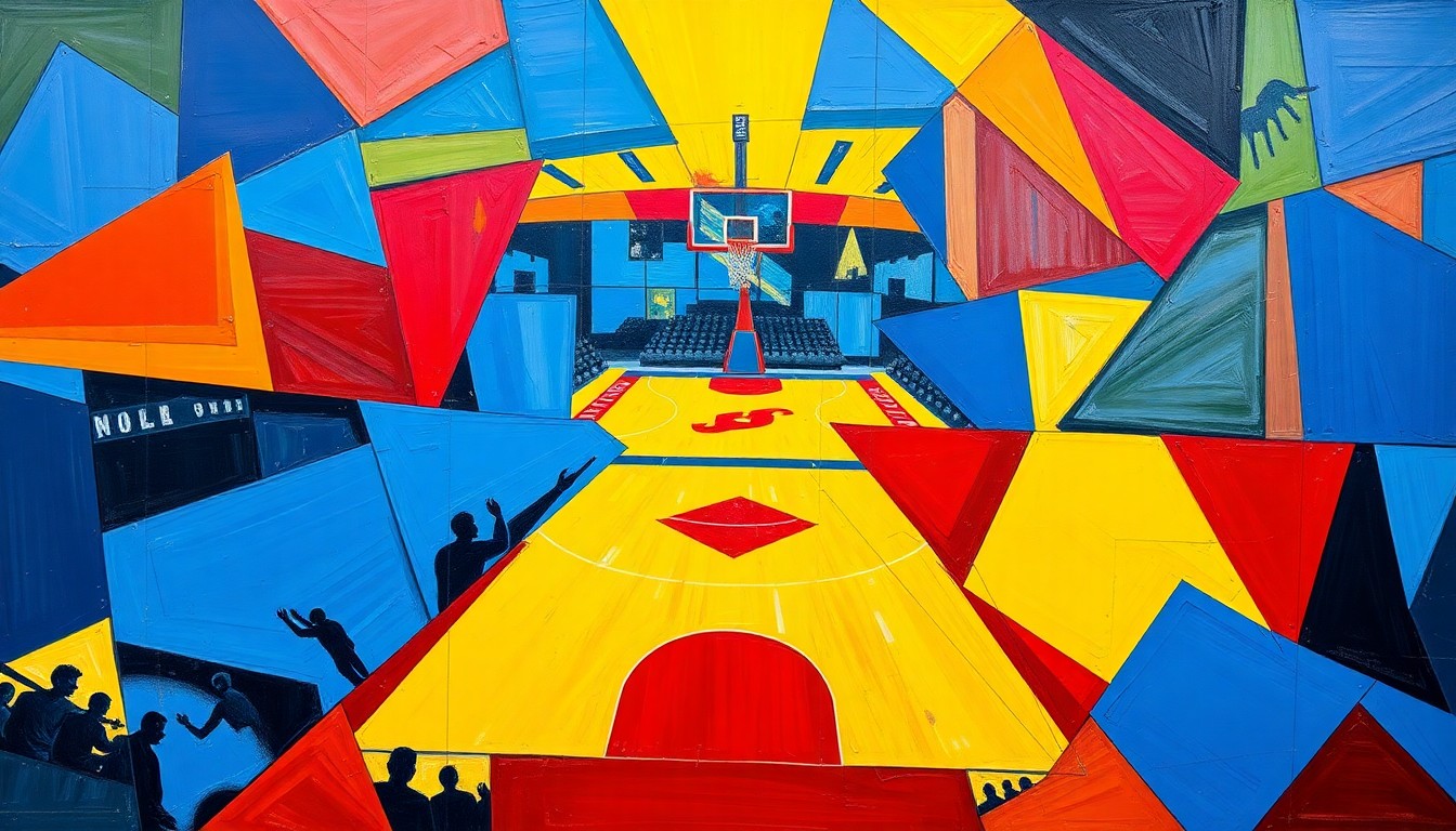 A fragmented, geometric painting in bold colors depicting a college basketball game, with the players and court broken down into sharp, overlapping shapes and planes.