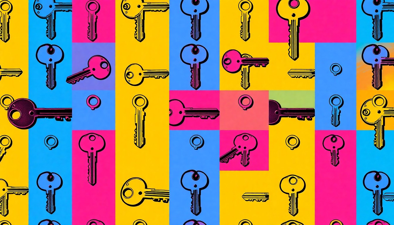 A brightly colored, high-contrast silkscreen print of a house key repeated in a tight grid pattern, conceptually representing the accessibility and inclusivity of homeownership opportunities.