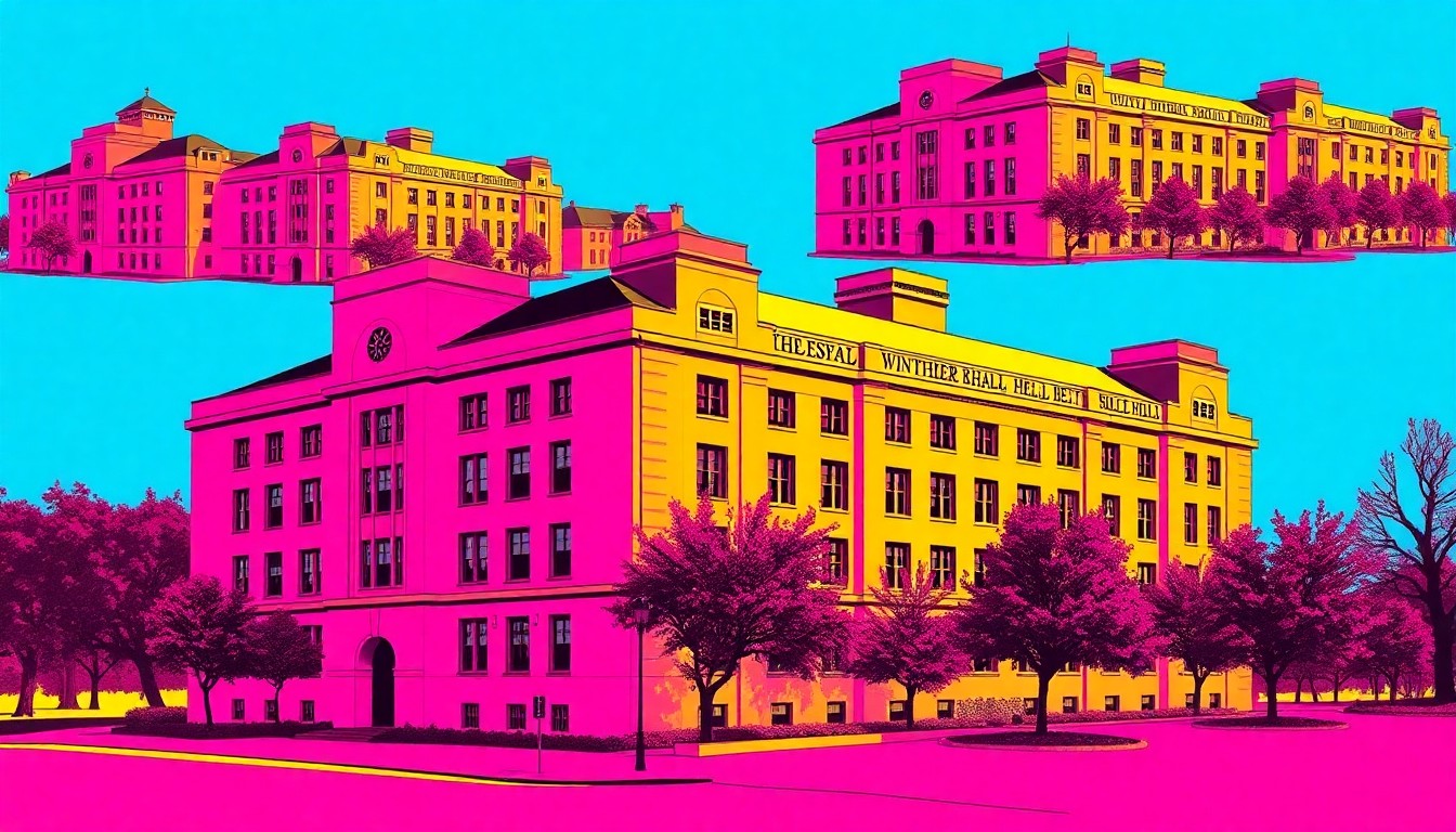 A vibrant, silkscreen-style illustration featuring a repeated image of a university building in a grid of neon colors and bold black outlines, conceptually representing the upcoming renovation of Winther and Heide Halls.